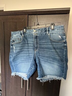 KanCan Mid-Rise Distressed Denim Shorts - Medium Blue
